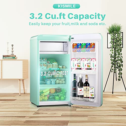 Kismile Retro Mini Fridge with Freezer,Small fridge with Adjustable Removable Glass Shelves, Mechanical Control, Compact Refrigerator for Office, Dorm, Bedroom