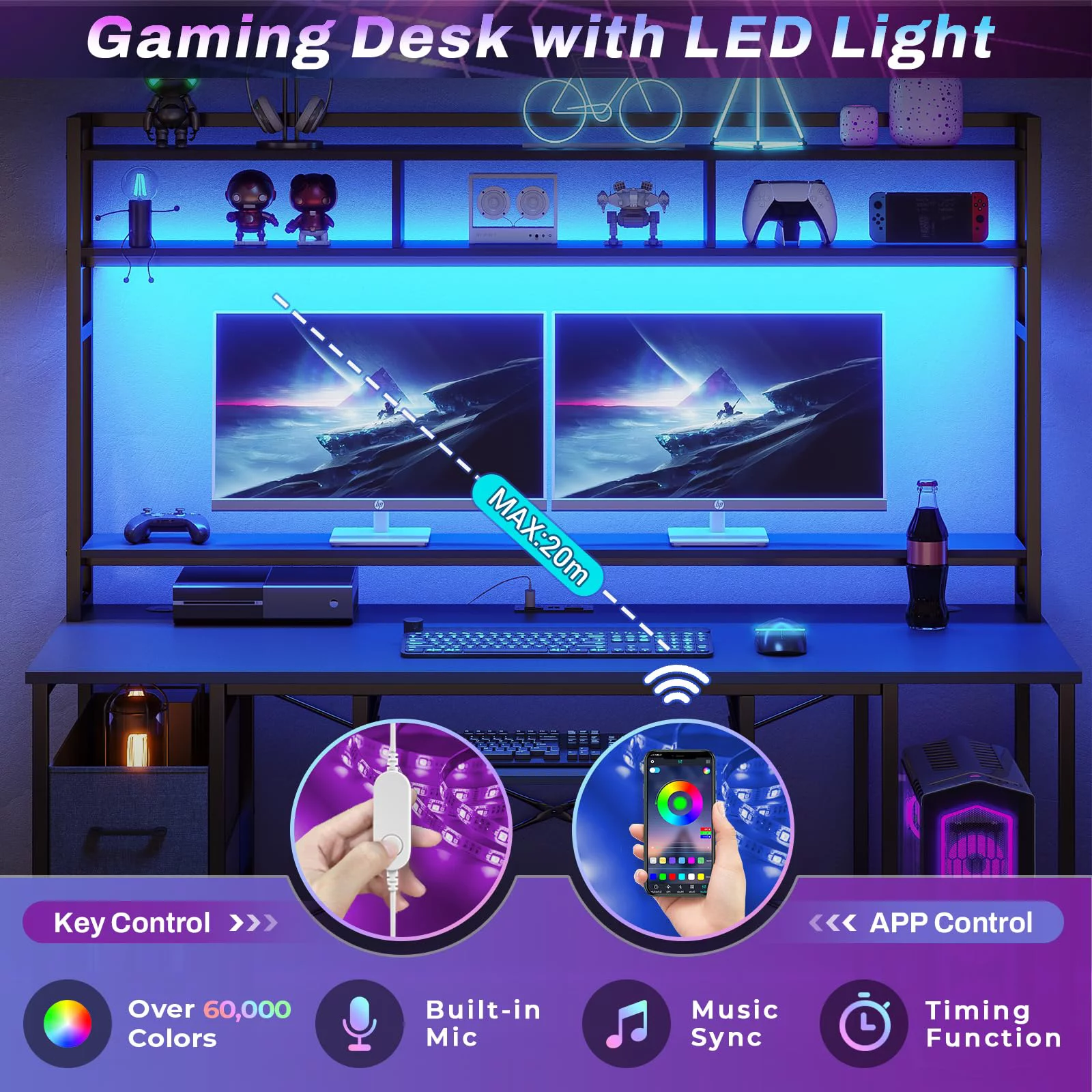 Computer Desk with LED Lights and Hutch, 55" Gaming Desk with Drawer, Power Outlet, Storage Shelves and Monitor Stand, Home Office Desk, Black