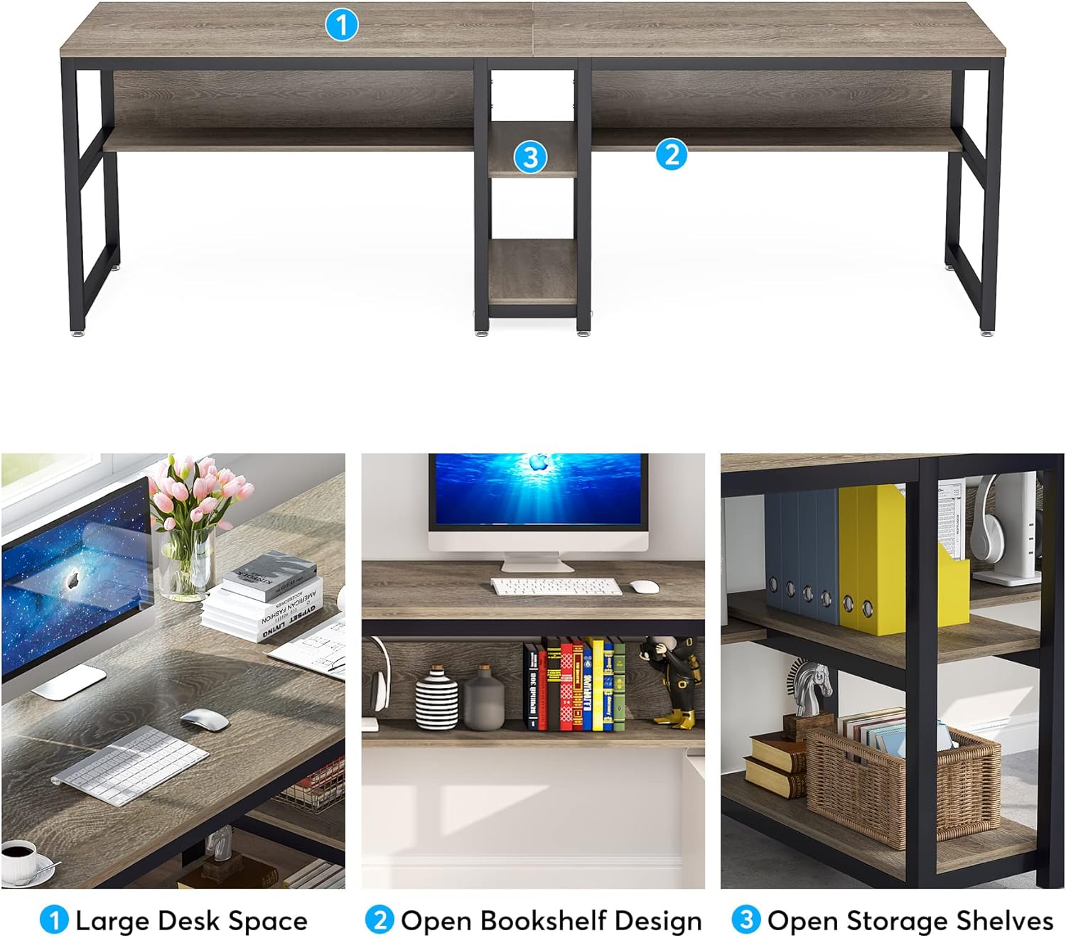 78.7" Two Person Desk with Bookshelf, Large Computer Office Double Desk for Two Person, Industrial Study Writing Table Workstation with Shelves for Home Office
