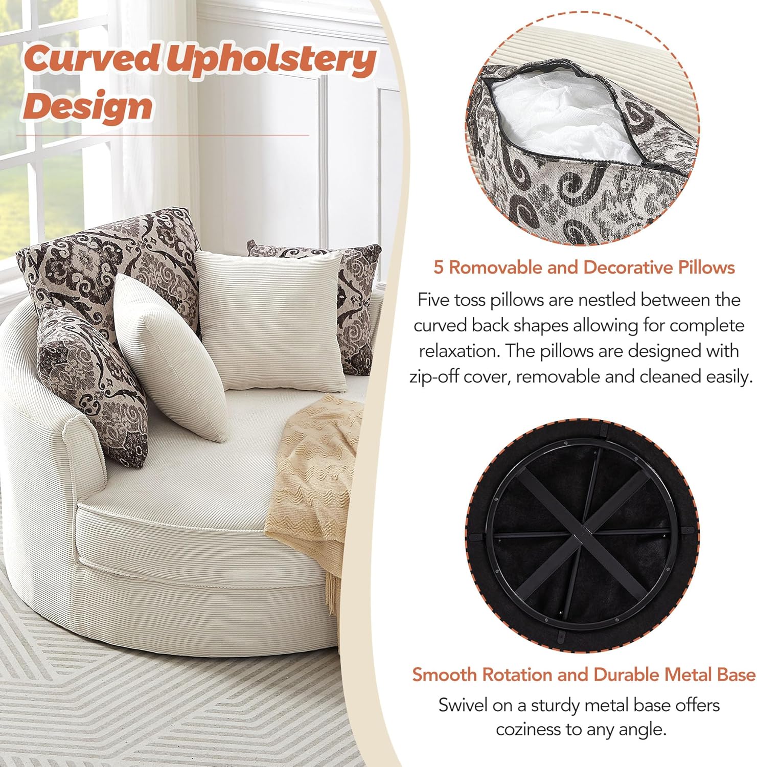 360-Degree Swivel Chair for Living Room Lounge, Modern Round Oversized Barrel Armchair Bedrooms Club Corduroy Upholstered Circle Big Accent Corner Sofachairs with 5 Detachable Pillows
