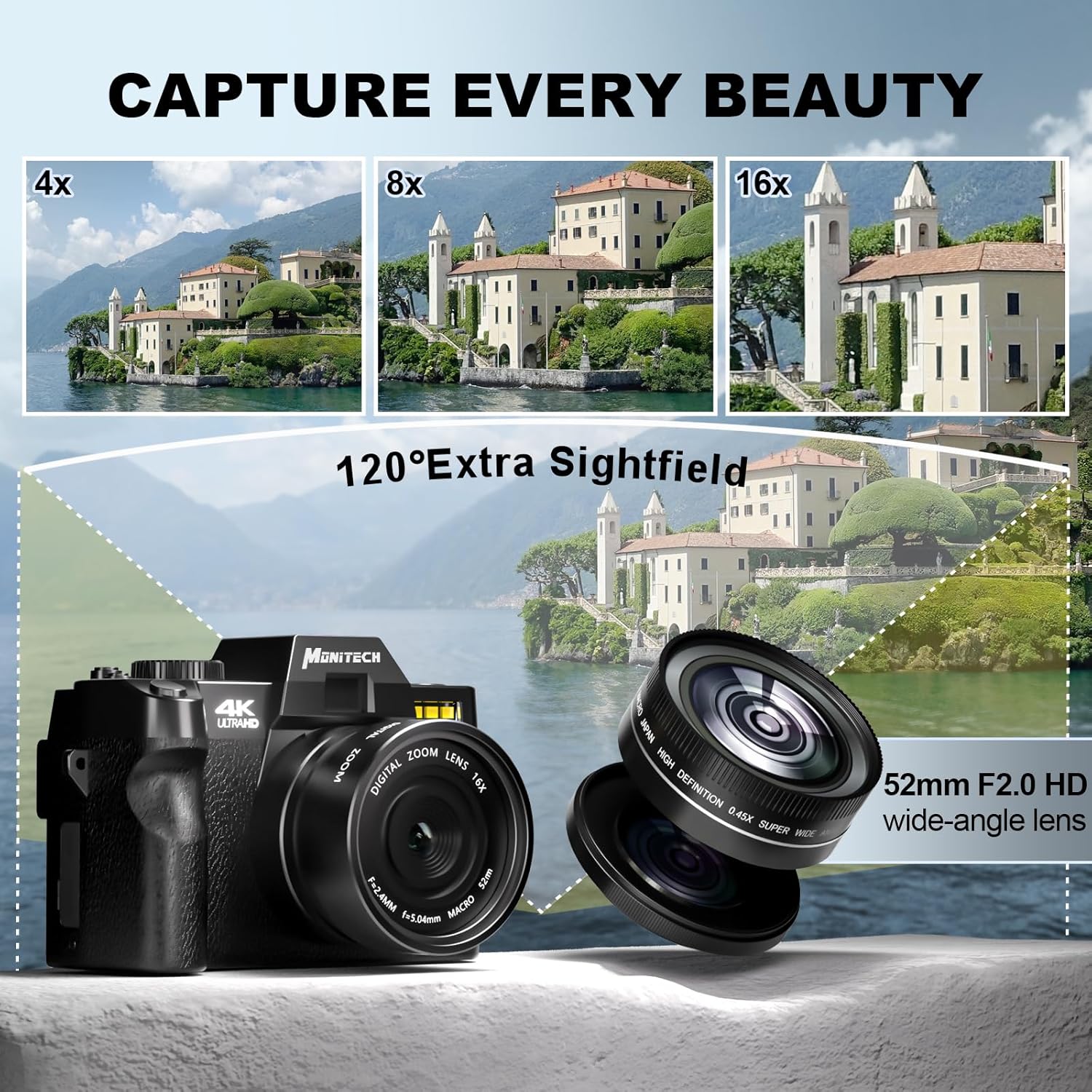 Mo 4K Digital Cameras for Photography, 48 MP Vlogging Camera for YouTube with 180° Flip Screen,16X Digital Zoom,Flash & Autofocus,52mm Wide Angle & Macro Lens,2 Batteries,32GB SD Card(S100 Black)