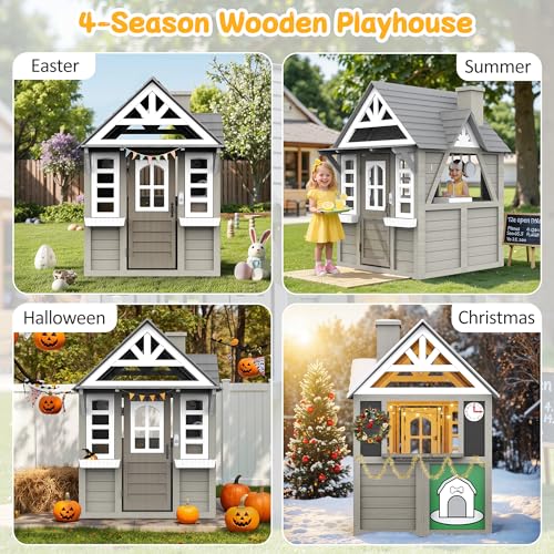 Kids Playhouse Outdoor,Wooden Play House Playset for Kids, Large, Sturdy, Realistic Design with Kitchen, Doorbell, Flower Pot, Stove, Sink & Clock, Perfect for Kid Ages 3-8 (Gray)