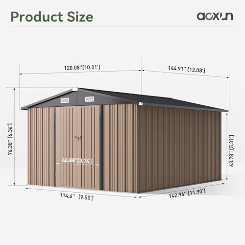 Aoxun 12x10 FT Shed Metal Outdoor Waterproof Storage Shed Steel Utility Garden Tool Shed with Door & Lock Outdoor Storage for Garden Patio Lawn Poolside, Brown