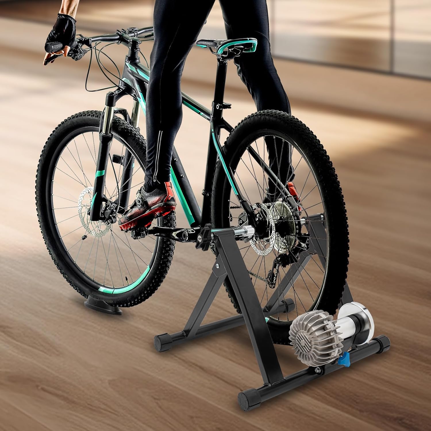 Indoor Bike Trainer Stand Magnetic Stationary Bike Stand for 26-29" & 700C Wheels Portable Indoor Bike Trainer for Indoor Riding with Quick Release Lever & Front Wheel Riser Block