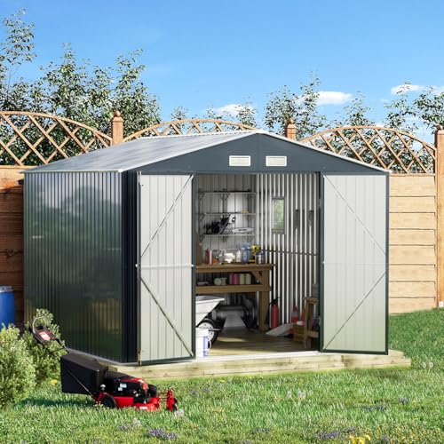 Outdoor Storage Shed 10 x 12ft. Utility Tool Shed Metal Storage Garden Shed with Lockable Doors, Windows & Metal Frame Floor for Patio Storage,Brown