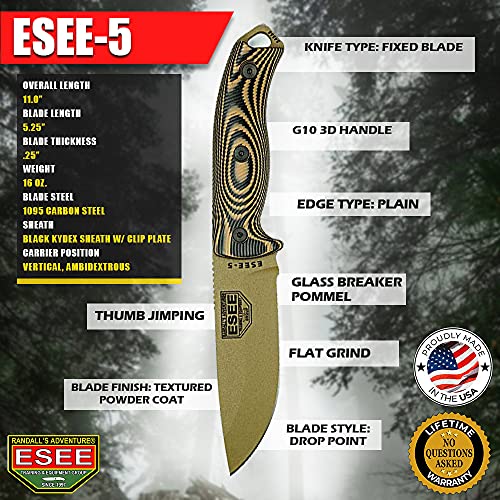 ESEE-5 Fixed Blade Knife, 3D Contoured Handle, 1095 Carbon Steel, Ambidextrous Kydex Sheath, Made In USA