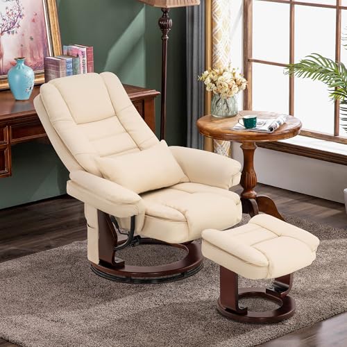 MCombo Recliner with Ottoman Chair Accent Recliner Chair with Vibration Massage, Removable Lumbar Pillow, 360 Degree Swivel Wood Base, Faux Leather 9096 (Cream White)