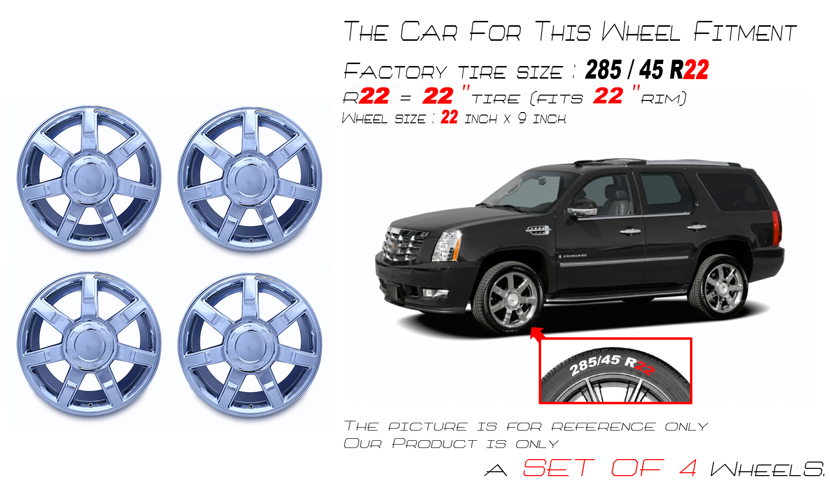Set of 4 New 22" 22x9 Chrome Alloy Wheels for 2007-2014 Cadillac Escalade ESV EXT OEM Quality Replacement Rim
