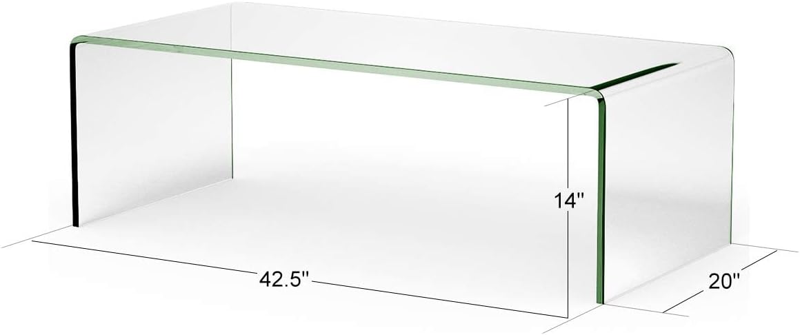 Casart Glass Coffee Table, U-Shape Tempered Glass Tea Table with Smooth Round Edges, Simple Minimalist Waterfall End Table for Living Room Office Hotel, No Assembly