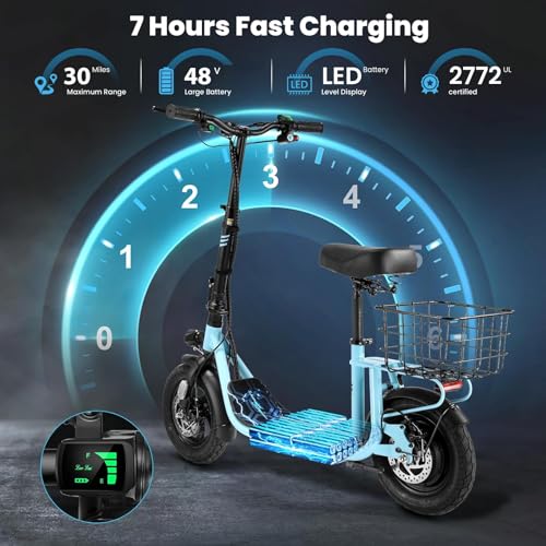 Caroma Peak 800W/1200W Electric Scooter Adults, 30 Miles Max Range, Foldable Electric Scooter with Seat, Front Suspension, Detachable Large Basket,Commuter E-Scooter for Adult and Teens