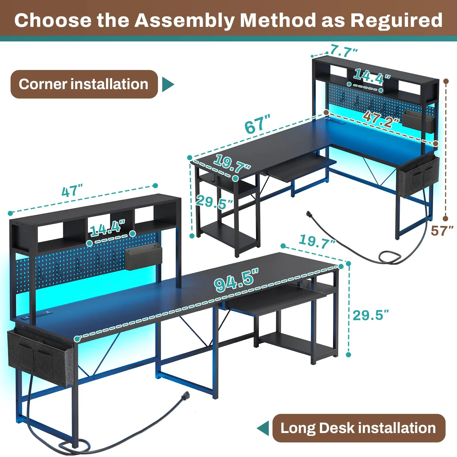 Afuhokles L Shaped Gaming Desk, Reversible 94.5" Office Desk with Power Outlet and Pegboard, Gaming Desk with Led Light, Keyboard Tray and Storage Bag for Home Office, Black