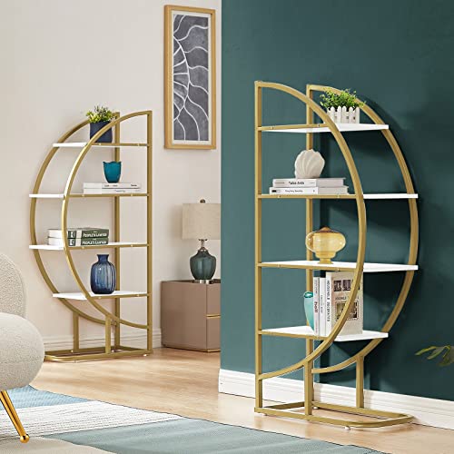 Tmosi 4 Tier Open Bookshelf, Modern Round Tall Bookcase Shelf Storage, Book Shelf with Metal Frame for Bedroom Home Office, Different Placement Ways (Golden+White)