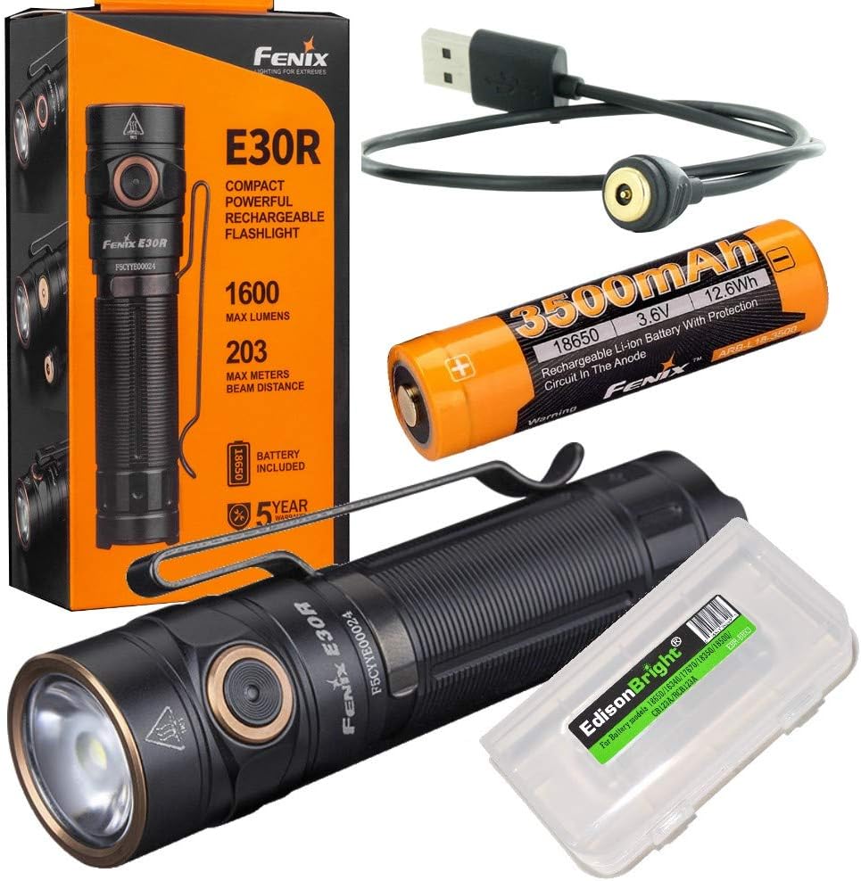 Fenix E30R 1600 Lumen USB rechargeable CREE LED EDC Flashlight with EdisonBright battery carry case bundle