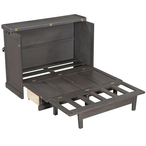 Harper & Bright Designs Queen Size Murphy Bed, Solid Pine Queen Murphy Bed Frame Chest Cube Cabinet Bed with Charging Station and Large Storage Drawer for Home Office or Small Room, Gray