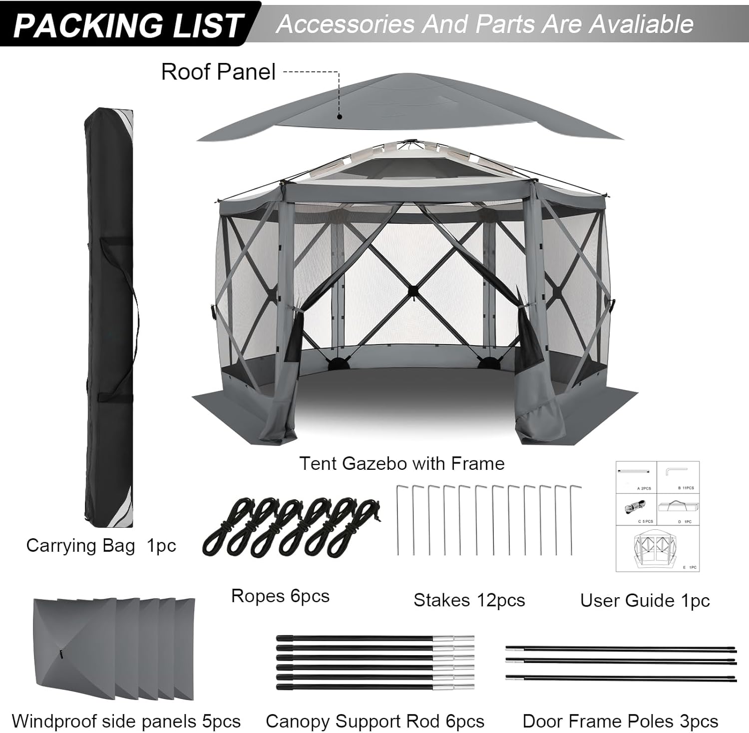 COBIZI Pop up Gazebo Screen Tent Screen House for Camping, 12x12ft Screen Room with Removable Roof, Outdoor Screened gazebo with Sidewalls, Portable Hub Tent with Carrying Bag and Ground Stakes, Grey
