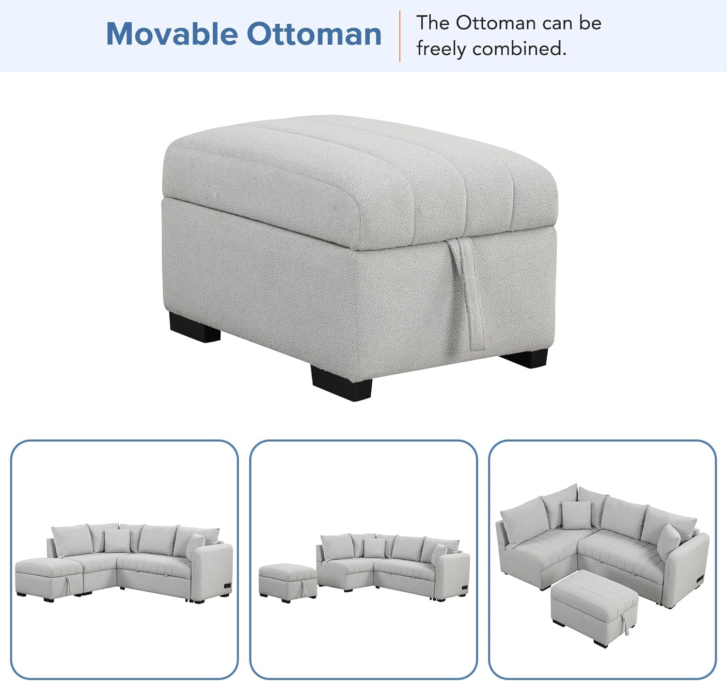 82.6" L-shaped Sectional Pull Out Sofa Bed Sleeper Sofa with Two USB Ports, Two Power Sockets and a Movable Storage Ottoman, Gray