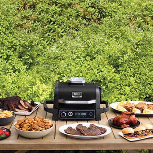 Ninja OG701 Woodfire Outdoor Grill & Smoker 7-in-1 Air Fryer Bake Roast Broil uses Woodfire Pellets(1 Pack Included) Portable, Electric, Grey(Renewed)