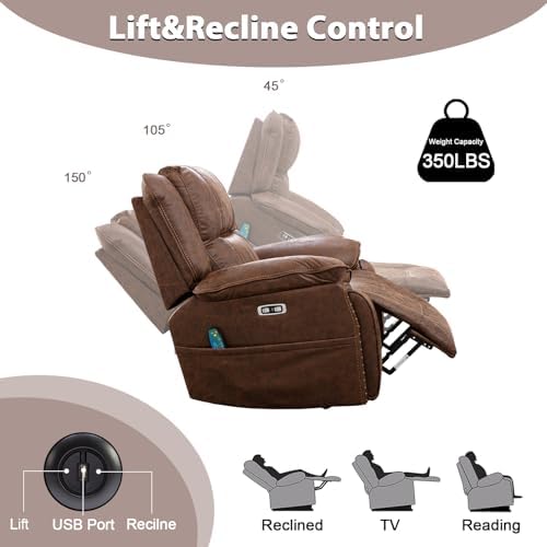Phoenix Home Dual Motor Power Lift Chair for Elderly, Lift Chairs with Massage and Heat, Leather Electric Chairs for Adults, Recliner Chair with USB, 2 Concealed Cup Holders, Brown
