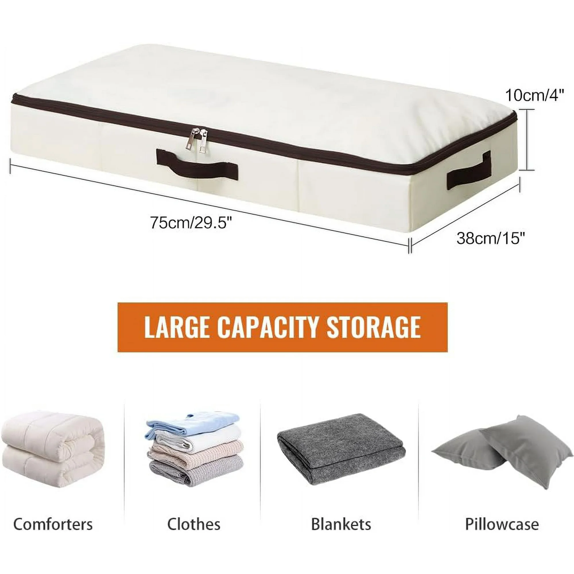3 Pack 4inch Underbed Storage Bins, Under Bed Storage Containers with Zippers for Blanket, Pillows, Comforters &amp; Quilts, Beige