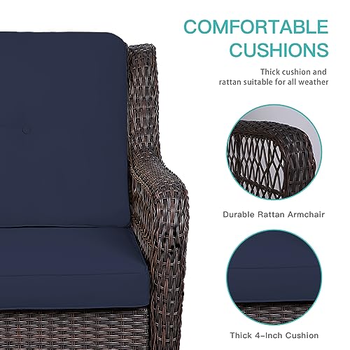 MEETWARM 3-Piece Patio Wicker Conversation Bistro Set Cushioned, Outdoor Swivel Rocking Chairs Rattan Furniture Sets with Thickened Cushion and Glass-Top Coffee Table (Orange)