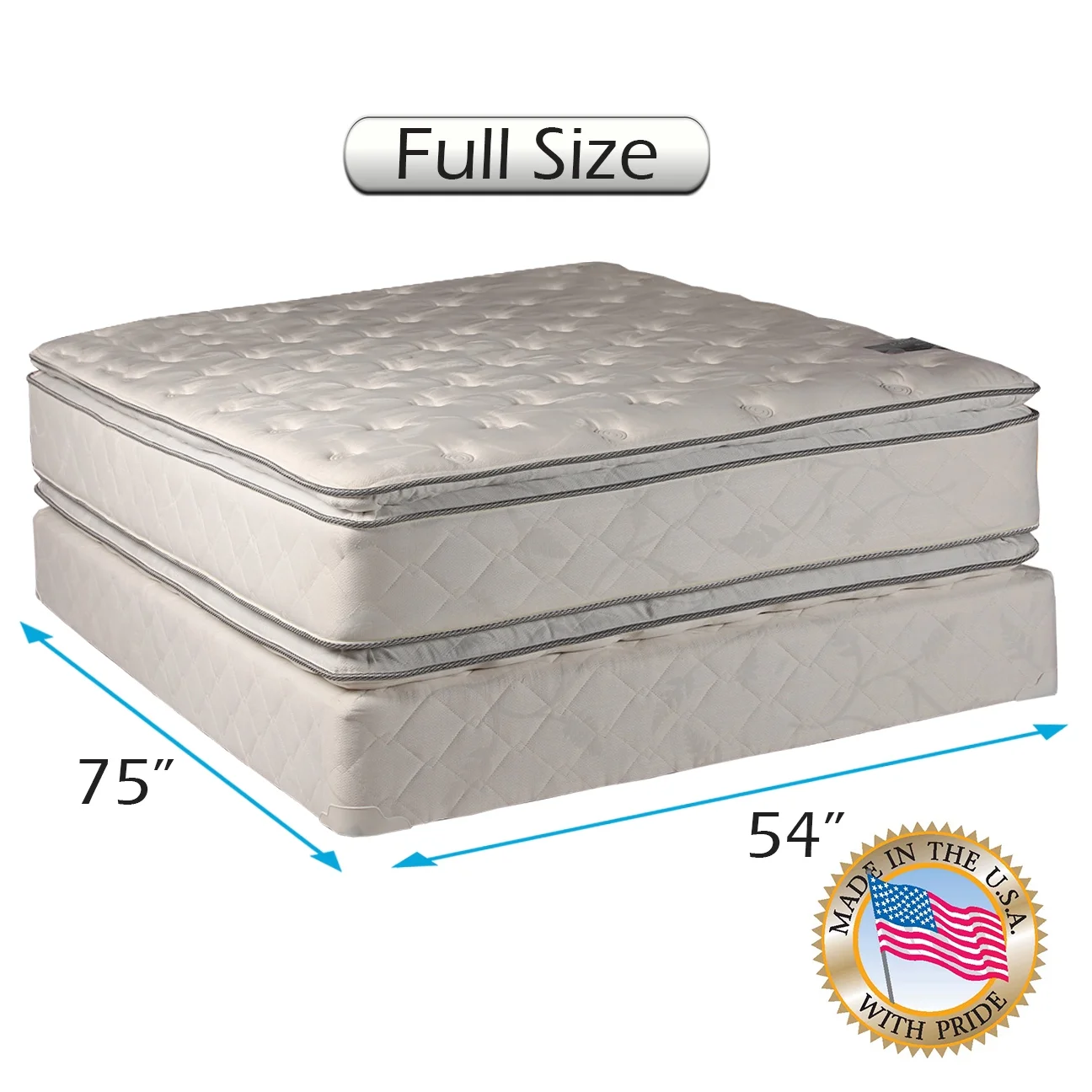 Dream Solutions Pillow Top Mattress and Box Spring Set (Full 54"x75"x12") Double-Sided Sleep System with Enhanced Cushion Support- Fully Assembled, Great for your Back, longlasting Comfort