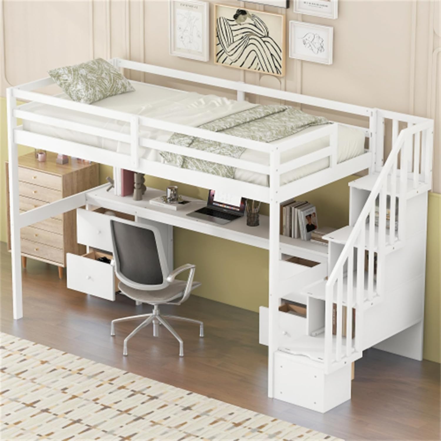 Simple double loft bunk bed frame with built-in desk and double storage drawers, with ladder fence, white