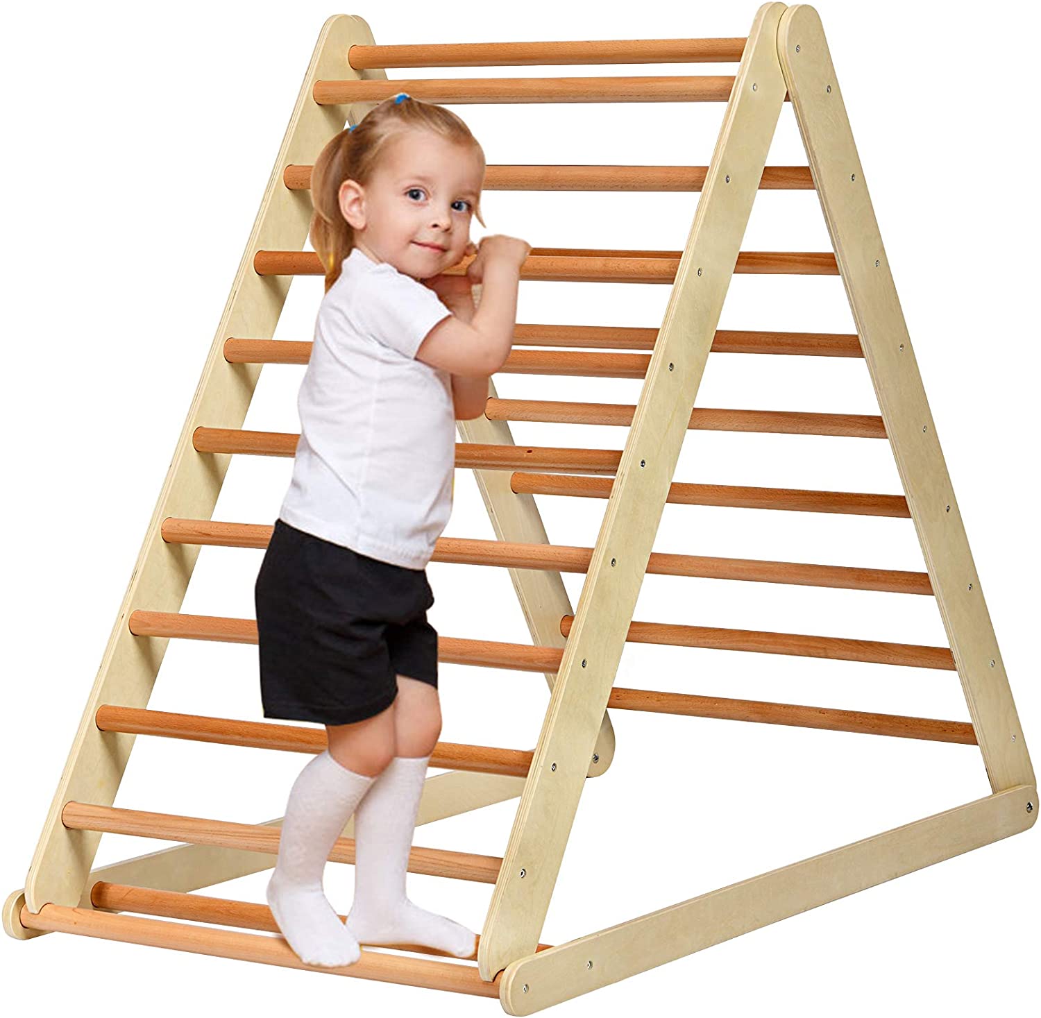 Triangle Climber with Tent, Kids Hideaway Play Tent & Rock Wall Climbing, Waterproof Tent Cover for Indoor Outdoor, Ring Bell, Wooden Climbing Triangle Crawling Tunnel Toy for Toddlers