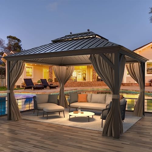 MELLCOM 12'x16' Hardtop Gazebo, Galvanized Steel Metal Double Roof Canopy with Curtains and Netting, Brown Permanent Pavilion Gazebos with Aluminum Frame for Garden, Patio, Lawns, Deck