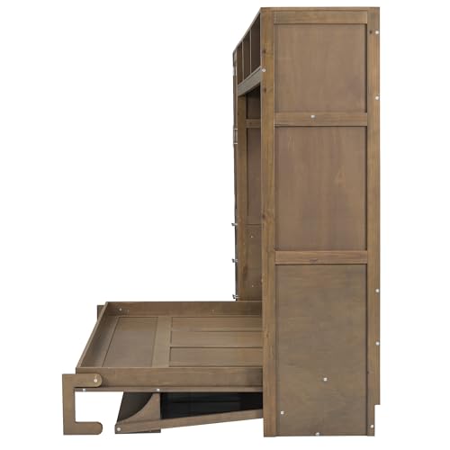 Modern Full Size Murphy Bed with Wardrobe,Storage Drawers and Open Shelves,Solid Wood Wall Bed Frame for Bedroom Guest Room Home Office Study,Easy Assembly (Antique Grey, Full)