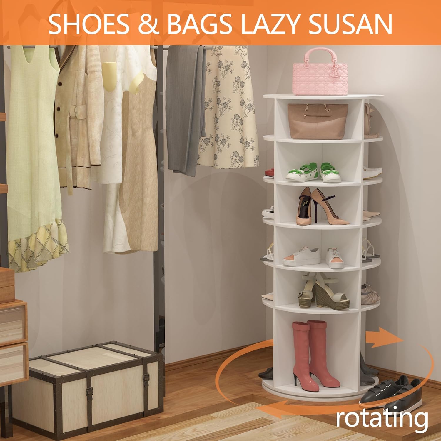 Rotating Shoe Rack Tower,6 Tier Spinning Revolving 360 Shoe Rack Display Storage Round Carousel for Vertical Handbag Rotate Shoes Corner Closet Organization Arrangement