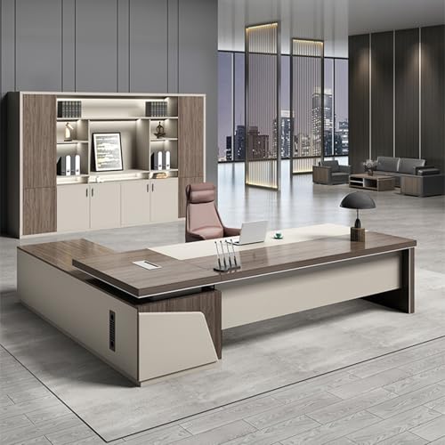 L Shaped Desk with Power Outlet and Drawer Cabinet, Executive Computer Desk with Storage Cabinet, Business Furniture Large Work Study Writing Gaming L Shape Desk for Home Office