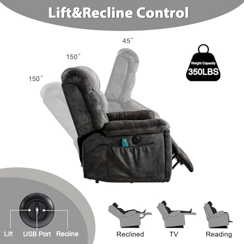 Phoenix Home Large Power Lift Recliner with Massage and Heat for Elderly, Heavy Duty & Safety Motion Reclining Mechanism, Ergonomic Electric Wider Chair with USB Port, 2 Hidden Cup Holders, Brown