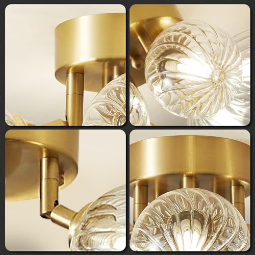 Semi Flush Mount Bubble Ball Chandelier Lighting, Dia 13" 4-Light Gild Brass and Clear Ripple Blown Glass Globe Farmhouse Chandelier Close to Ceiling Light Fixtures for Bedroom Bathroom