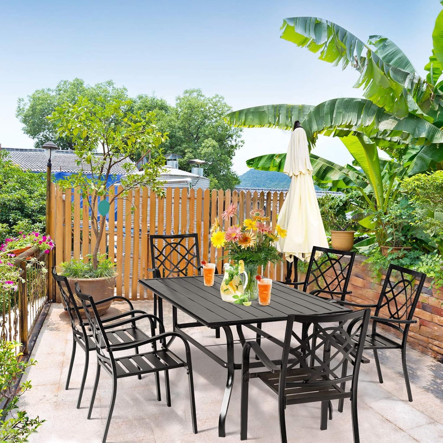 SUNCROWN 5-Piece Outdoor Wrought Iron Chairs and Table Patio Dining Furniture Set - 4 Stackable Metal Chairs and 1 Square Steel Slat Bistro Table with 1.57" Umbrella Hole for Backyard Garden Deck
