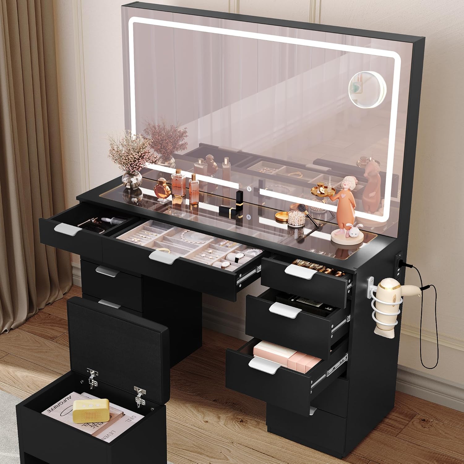 YITAHOME Vanity Desk with Large LED Mirror, Charging Station, 11 Drawers, Makeup Vanity with Tempered Glass Top, Storage Bench, 3-Color Adjustable Lighting, Black