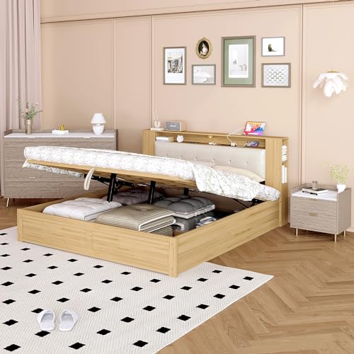 Merax 3 Pieces Bedroom Sets, Queen Size Upholstered Platform Bed with Storage Nightstand and 6 Drawers Dresser Cabinet, Motion Activated Night Lights, USB Charger, Natural