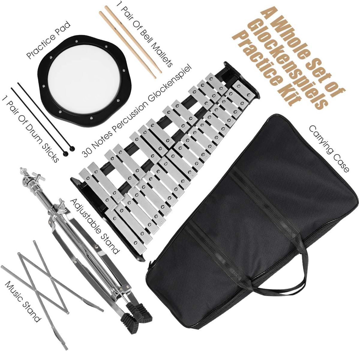 Giantex Percussion Glockenspiel Bell Kit 30 Notes, with Electroplated Adjustable Height Frame, Music Stand, an 8 Practice Pad, and a Pair of Bell Mallets & Wooden Drumsticks, Carrying Bag