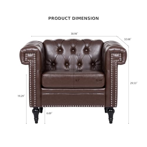 Chesterfield Chair Leather, Square Arm Tufted Back Upholstered Single Sofa Chair, Club Armchair With Nailheads and Solid Wood Legs, Chesterfield Chair for Living Room Office Reading Room (Brown)