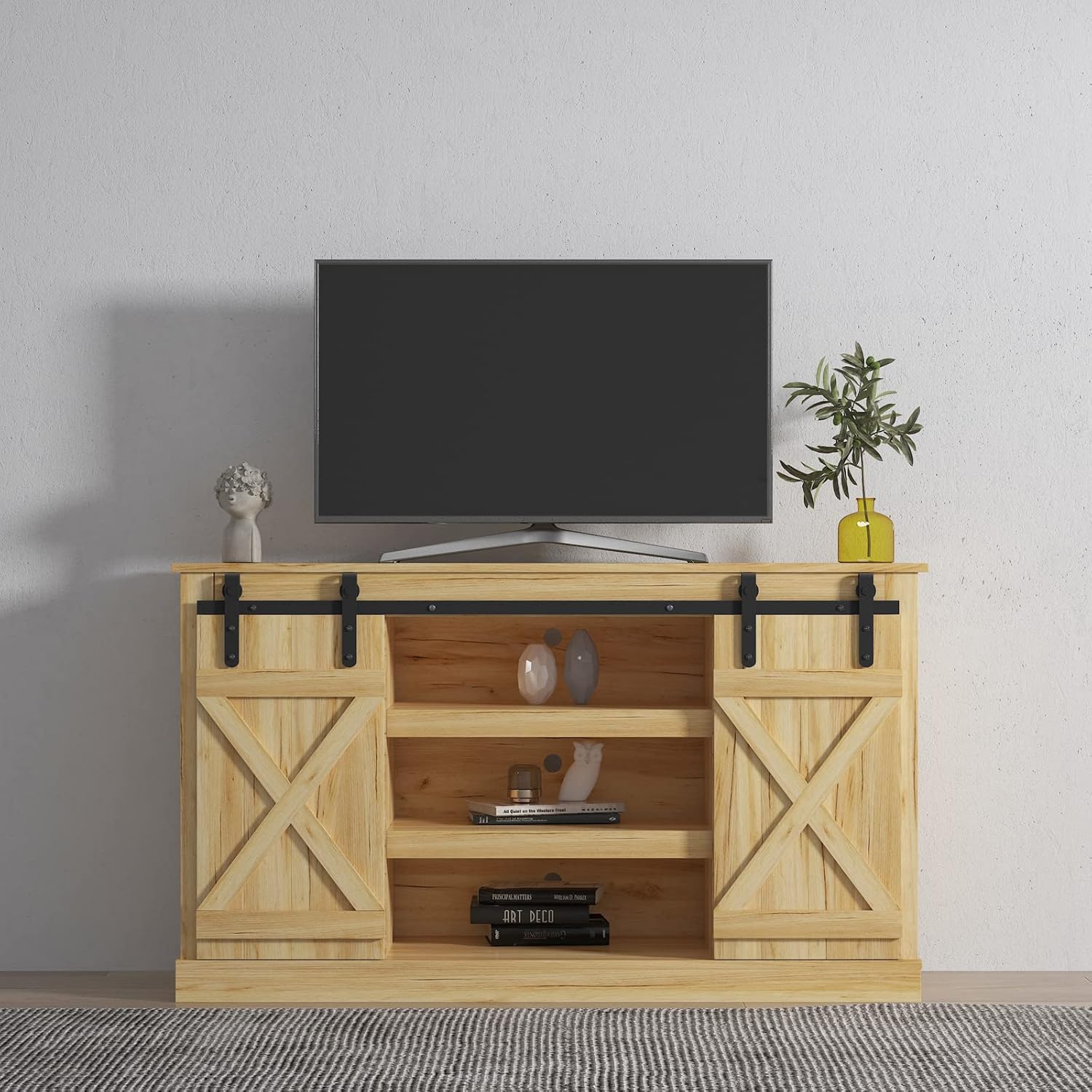 Farmhouse Sliding Barn Door TV Stand for TV up to 60 Inch Flat Screen Media Console Table Storage Cabinet Wood Entertainment Center Sturdy Ranch Rustic Style, Light Brown