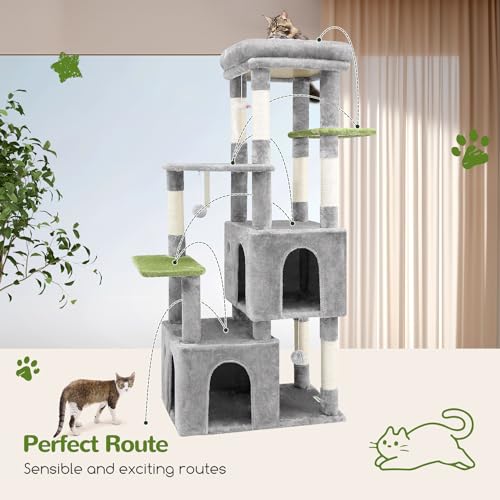 F61 Cat Tower for Indoor Cats, Heavy Duty Cat Trees for Large Cats Adult Big Cats Maine Coon Cat Tree Tower with Scratching Post, Extra Large Top Perch, Cat Condos, Light Grey, 61inch