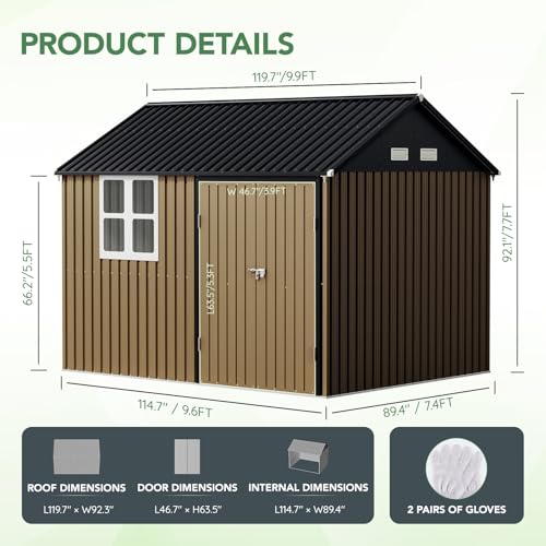10X12X7.5 FT Outdoor Steel Storage Shed with Lockable Doors, 2 Windows, Transparent Roof Panels (Wood Panels & Frame Floor Not Included), Ideal for Patio Storage,Garbage Can, Chicken Coop，Brown