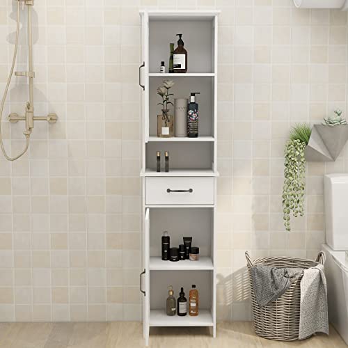 Double Door Narrow Height Slim Floor Standing Cabinet,Tall Bathroom Storage Cabinet with Open Shelves and one Drawer, Freestanding Cabinet,Bathroom Storage for Home, Kitchen, Living Room