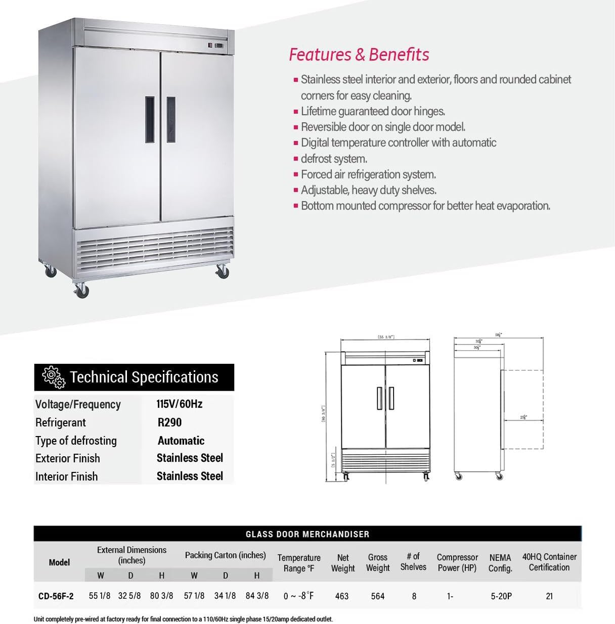Commercial Freezer 2-Doors Solid Upright Reach in Two Section Stainless Steel NSF 54" Width, Capacity 47Cuft, Restaurant Quality Kitchen -8°F Cold al32Adup1