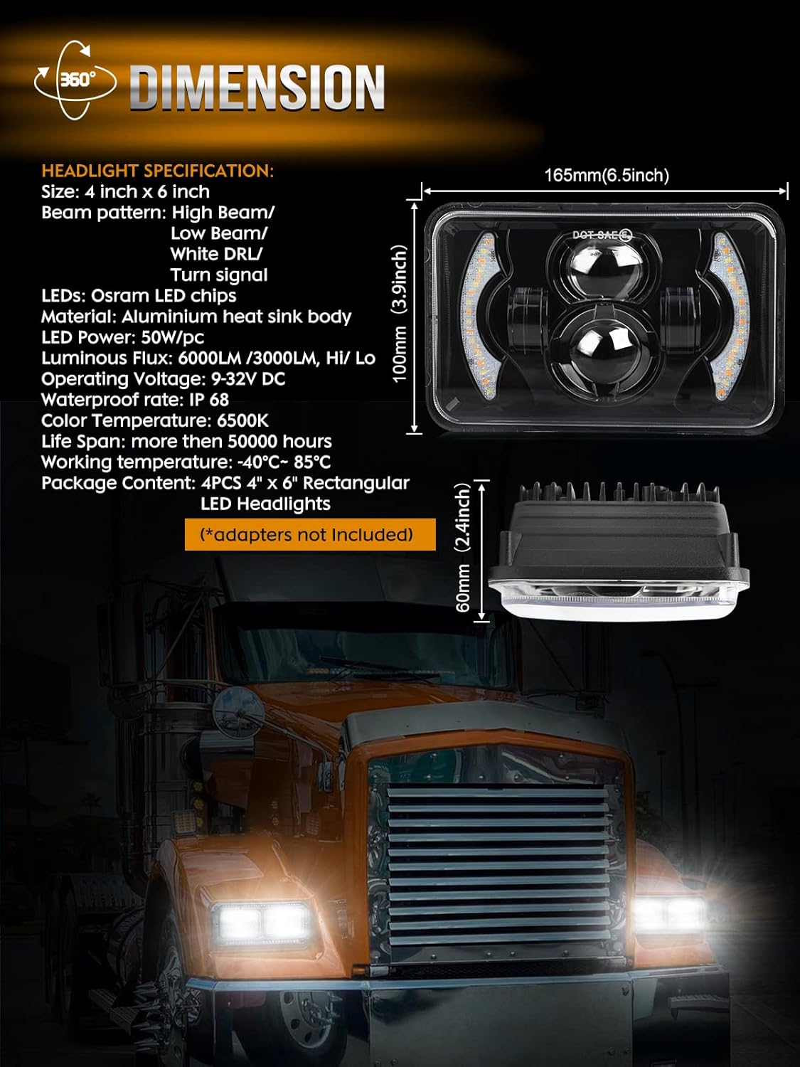 CO LIGHT 4x6 Headlights Led Sealed Beam Headlight Conversion White&Amber DRL H4651 H4652 H4656 H4666 Chrome Crystal Square Sealed beam Headlights Car Truck Conversion