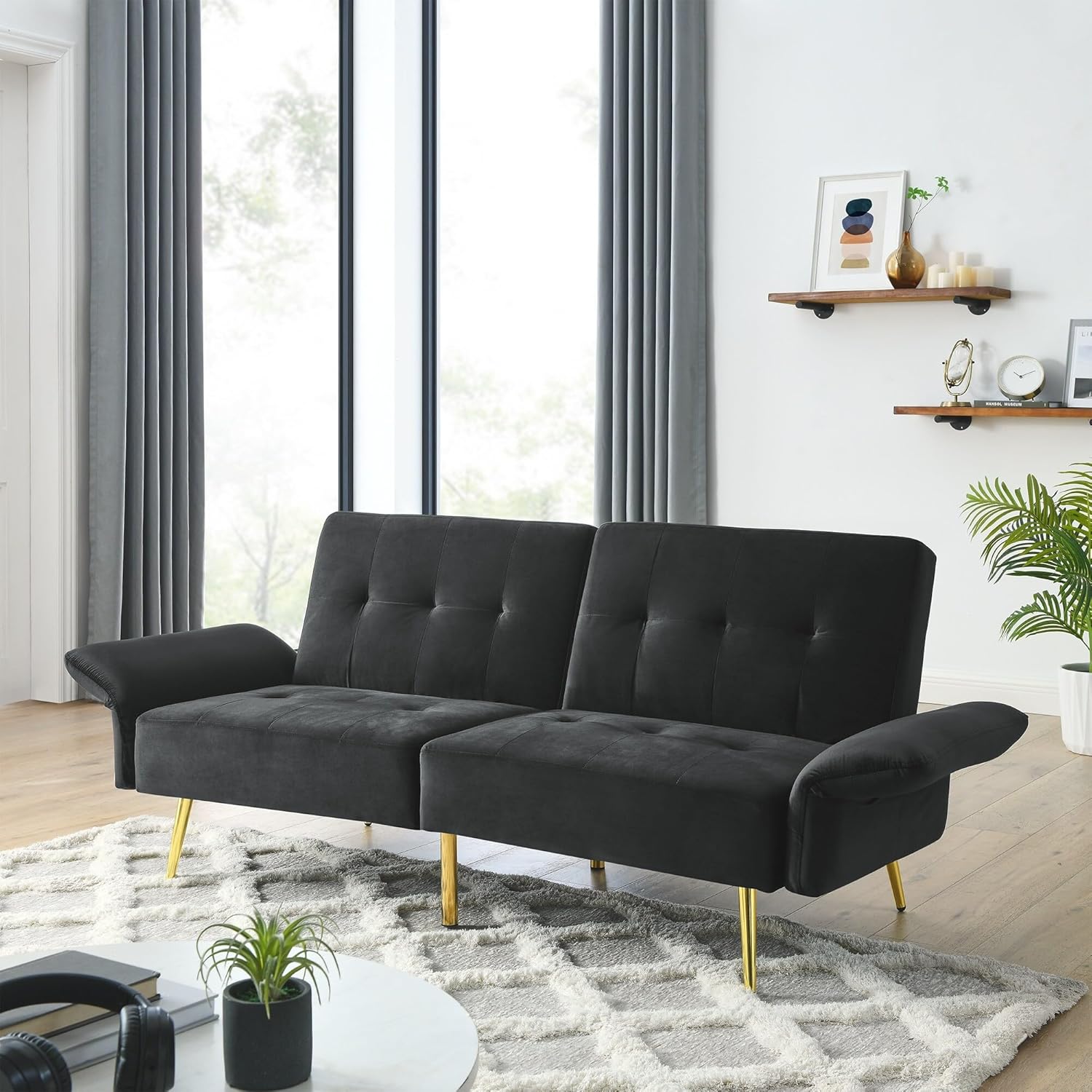 Velvet Convertible Sleeper Loveseat Bed Futon Couch W/Pocket Black Moroccan Lake House Modern Contemporary Solid Wood 8-Way Hand Tied Manual Recline