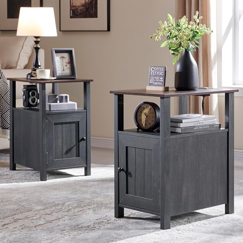 Farmhouse Nightstand Set of 2, End Table with Charging Station, Rustic Side Table w/Barn Door & Open Shelves, Bedside Table w/Storage Space and Storage Cabinet for Bedroom, Living Room (White)
