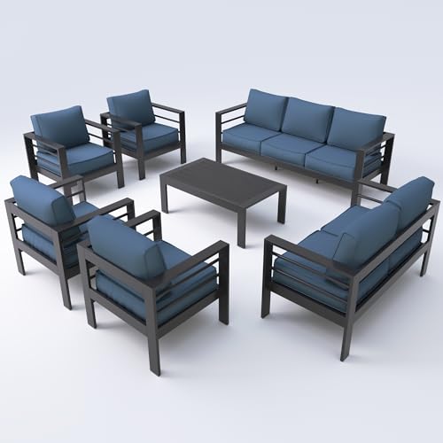 UDPATIO 8 Piece Aluminum Patio Furniture Set, Oversized Modern Outdoor Furniture Set with Olefin Fabric Cushion for Patio Deck Backyard, Dark Grey(with Waterproof Covers)