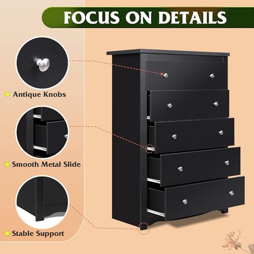 WLIVE Wood Dresser with 5 Drawers, Black Wooden Storage Cabinet, Organizer Drawers for Bedroom, Living Room, Hallway, Measuring 15.75" W * 31.50" D * 45.35" H ﻿