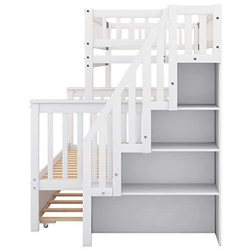 Twin Over Twin Size Bunk Bed with Trundle and Storage Stairs, Solid Wood Stairway Triple Bunk Beds Stairway and Full-Length Guard Rail for Kids Teens Adults Bedroom, Can Be Divided