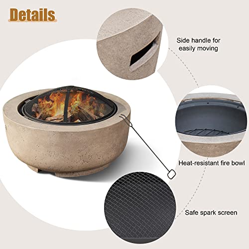 24" Small Round Outdoor FirePit,Concrete Wood Burning Fire Pits Bowl,Faux Stone Clay Firepits Table for Outside Patio,Brown